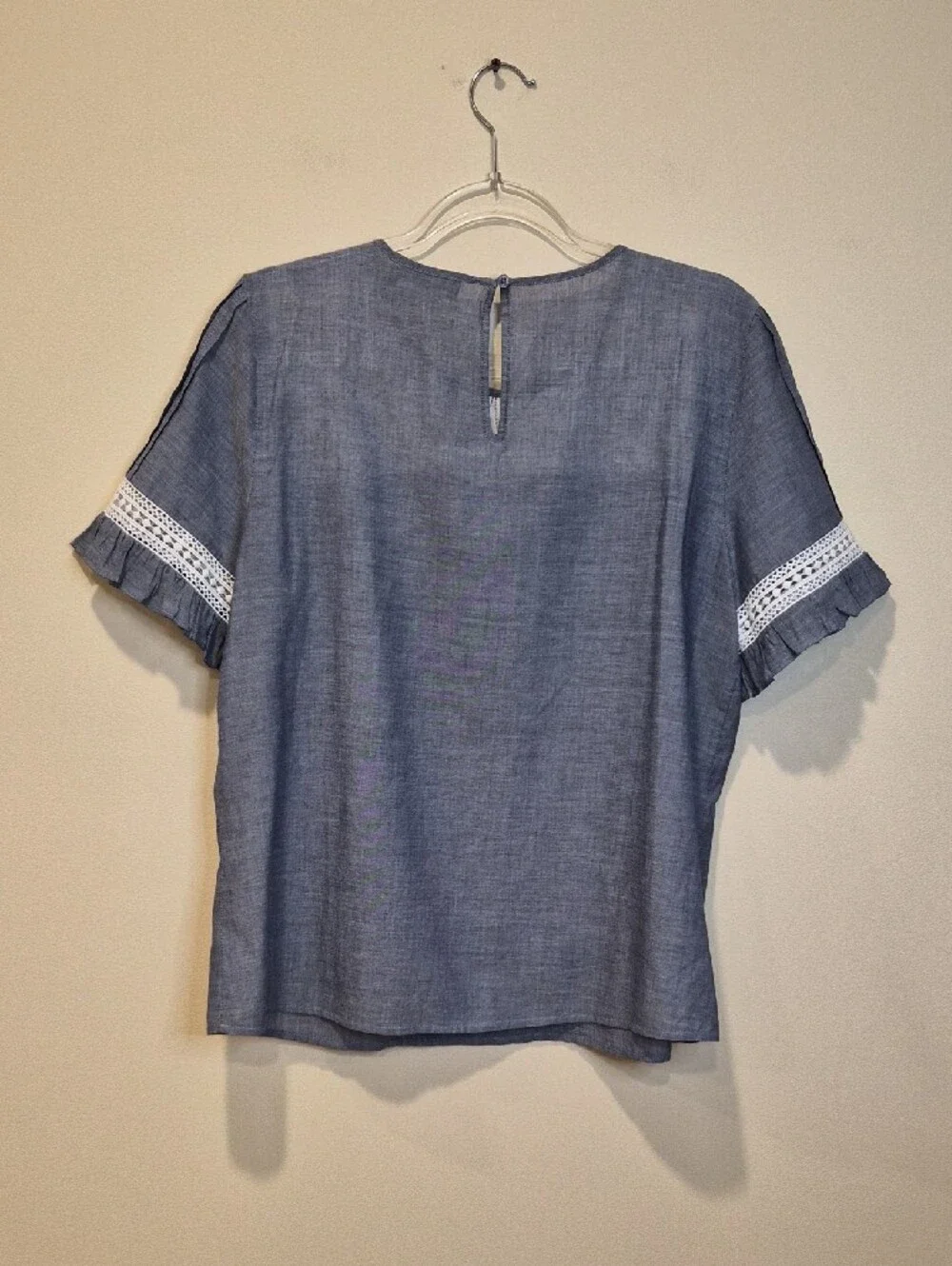 Karl Lagerfeld Cotton Blue Chambray Lace-Yoke Short Sleeve Blouse